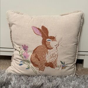 Threshold Beige Pillow with Embroidered Rabbit and Floral Design
